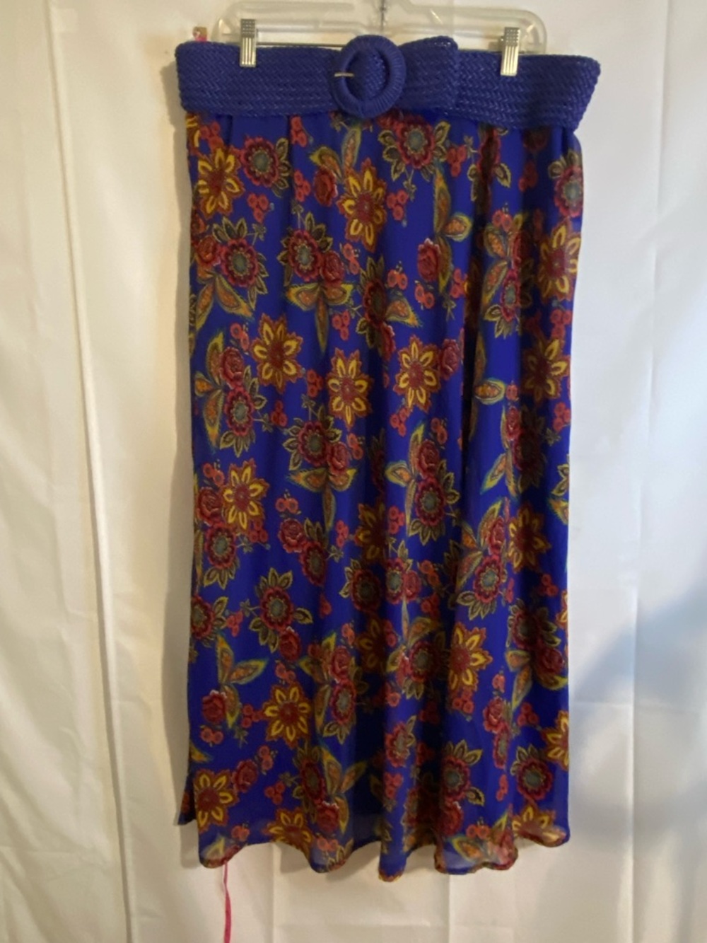 89th & Madison Royal Blue Floral Midi Skirt with Knit Belt
